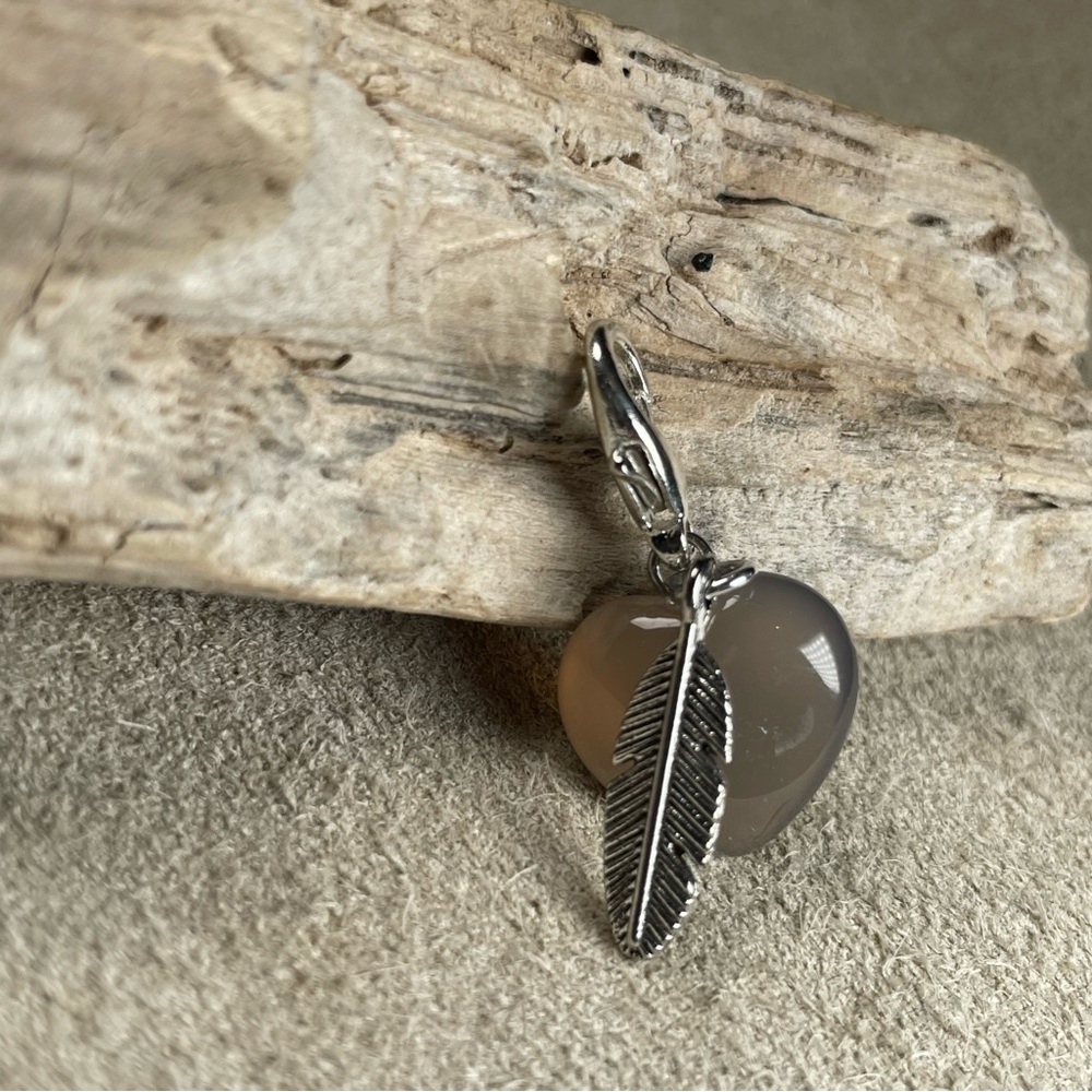 Smokey Quartz Heart Pet Collar Charm With Small Antique Silver Feather Charm - Picture 8 of 12